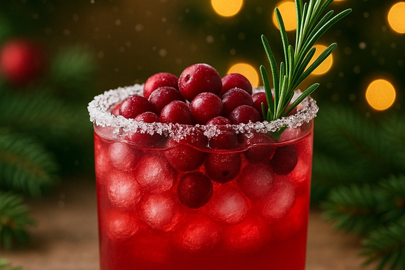 Frost Bite Margarita in a glass with cranberries and rosemary sprig